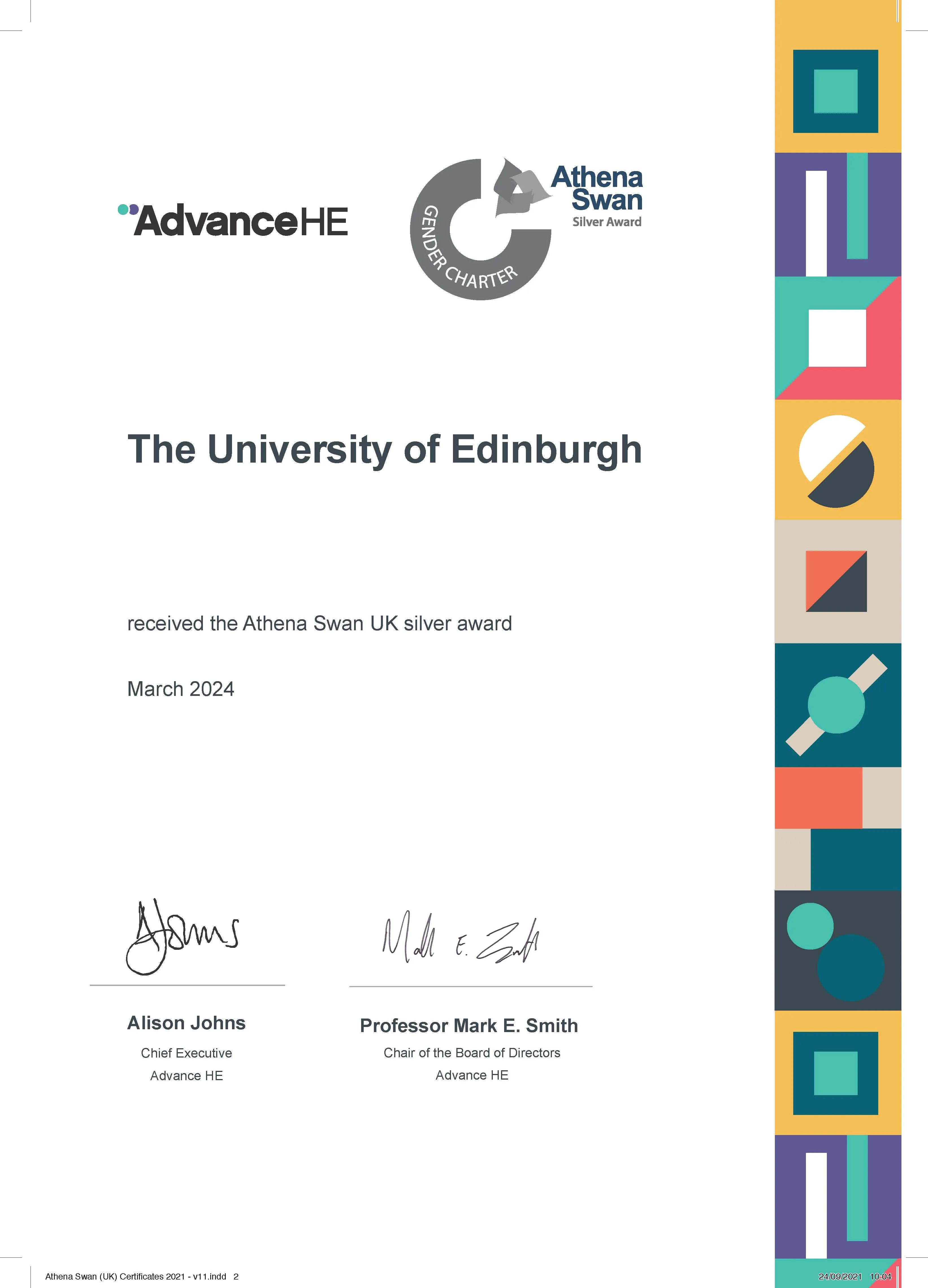 Athena Swan Institutional Silver Award Certificate 2024