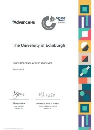 Athena Swan Institutional Silver Award Certificate 2024