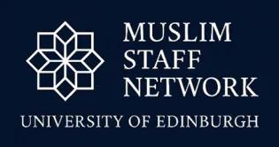 A dark blue logo with white writing saying "Muslim Staff Network". There is a geometric shape next to these words